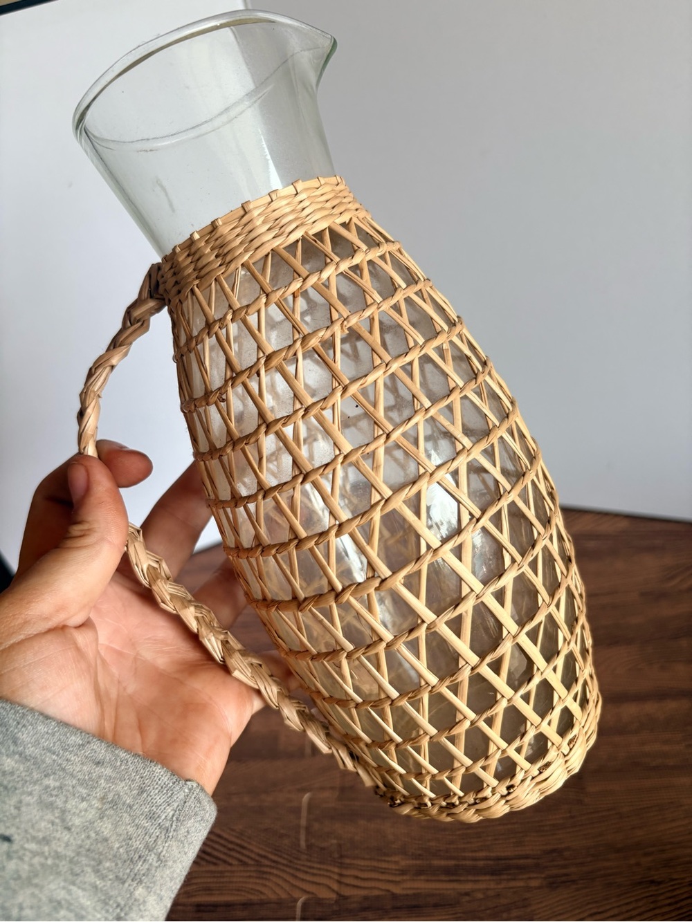Vintage Woven Rattan Glass Pitcher - Picture 4 of 5
